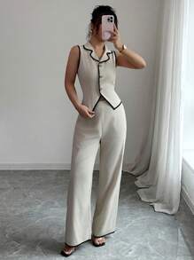 Chiquease 2pcs/Set Women Casual Contrast Color Splice Shirt And Long Pants, Simple Commuter Style, Spring/Summer - Apricot - View 4