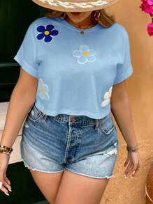 SHEIN VCAY Camiseta casual de manga corta tipo murciélago con cuello redondo, letra y bordado, para mujer talla grande, de verano