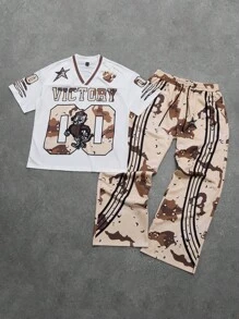 PAVTROS Men Short Sleeve Letter Print Simple T-Shirt And Pants Set, Men Tracksuit, Men Two Pieces Outfits, Men Clothes, Boyfriend Gift - Apricot - View 3