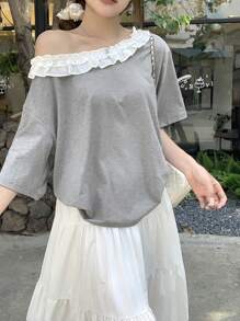 DAZY Maglietta a maniche corte stile coreano, con spalline asimmetriche arricciate, taglio largo, estiva, da donna
