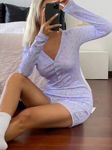 DAZY 女士碎花半拉链修身短款连体睡衣套装