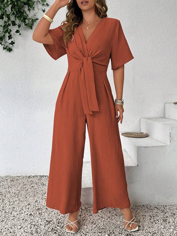 Celure Combinaison mode décontractée rétro col en V avec taille cintrée