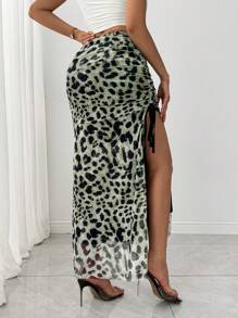 Chiquease Falda elegante de mujer de gasa con estampado de leopardo y cordón en la cintura con abertura
