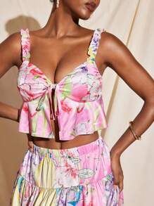 Becci Summer Floral Printed Satin Ruffle Straps Top And Elastic Waist Maxi Skirt Set Elegant Co-Ords