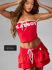 Missguided x Playboy 圣诞夏季节日两件套套装，抹胸上衣搭配迷你荷叶边裙，派对舞会夜店新奇装扮