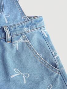 SHEIN Girlism 少女白色蝴蝶结装饰蓝色牛仔工装短裤，春夏休闲度假乡村波西米亚风装