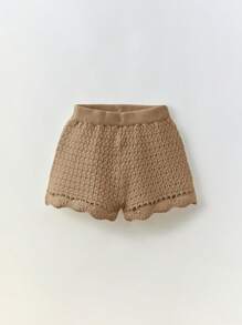 Maija Kids Maija Kids 2pcs Vacation Casual Outfit Set For Young Girls: Breathable Mesh-Knit Decorated Puff Hem Short Camisole Top + Short Shorts, Suitable For Spring/Summer Girls Crochet Set Crochet Two Piece Set Kids Crochet Outfit Girl Knit Set Summer Two Piece Set Kids,In Fall/Winter