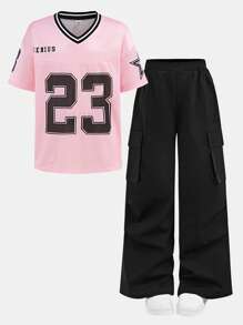 SHEIN Girlism Tween Girl Casual Streetwear Loose Jersey Print Top And Wide Leg Pants 2-Piece Set