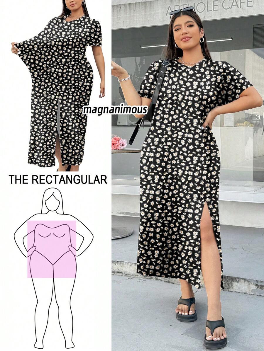 SHEIN EZwear 休闲简约夏季雏菊碎花短袖弹力宽松开衩大码连衣裙 - 彩色 - 查看 1