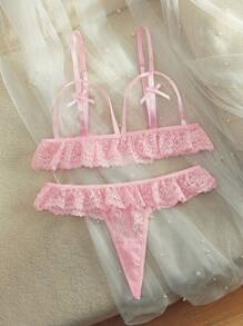 SpicyHot Sexy Lingerie 2 Pieces Set, Women Floral Lace Hollow Out Ruffled Bra And Panty Set - Pink - View 7