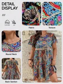 SHEIN LUNE Vestido veraniego de talla grande para mujer con cuello redondo, manga corta y diseño colorido, vestido corto de línea A para vacaciones, atuendo de playa y festival para mujer