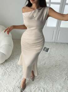 DAZY Vestido de satén de longitud media con cuello oblicuo y ajuste a la cintura para cóctel - Blanco - Ver 8