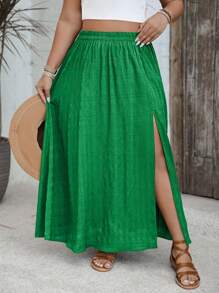 SHEIN VCAY 大码纯色时尚半身裙，适合夏季 - 綠色 - 查看 3