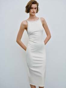 Lumivelle Vestido midi de fiesta ajustado de mujer blanco elegante con lentejuelas - Blanco - Ver 3