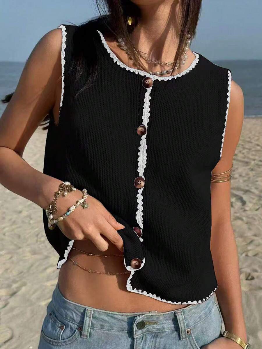 Jouncy 女式休闲度假纽扣前无袖针织上衣 - 黑色 - 查看 1