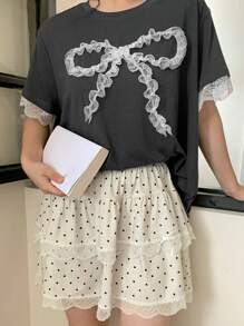 Dazy Plus Bow Decor Round Neck Top + Polka Dot Lace Splice Pants Pajama Set