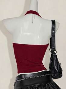 SHEIN ICON 休闲深V领扭结吊带背心，夏季时尚 - 酒紅色 - 查看 2