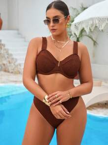 Swim Vcay 加大码咖啡色特殊面料比基尼泳装套装