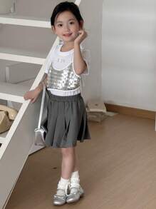 DAZY Set 2 buc/set pentru fete tinere, cu guler rotund și paiete, tricou cu mânecă scurtă și fustă plisată lejeră, ținute de vară pentru fete - Argint - Vizualizare 6