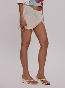 MUSERA 交叉亮片不对称下摆迷你裙，适合伊比沙岛、假日、夏季、度假、海滩等场合。 - 白色 - 查看 5