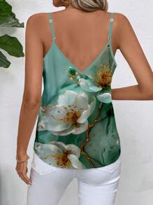 SHEIN Clasi Áo ba lỗ họa tiết hoa cổ điển tối giản dành cho nữ phù hợp cho mùa hè - màu xanh lá - Xem 2
