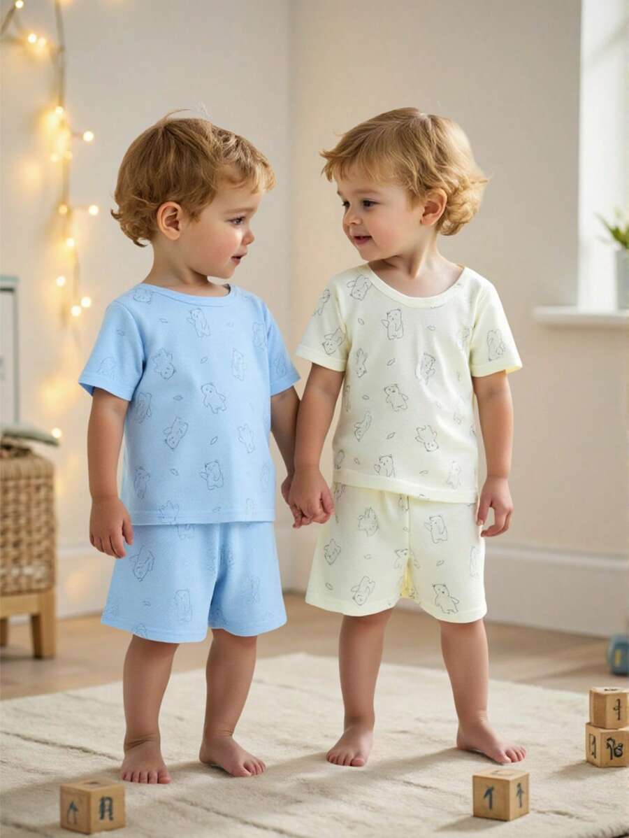 4pcs/Set Toddler/Infant Boys' Simple Stylish White & Blue Combo Round Neck Short Sleeve & Shorts Casual Homewear, Summer - Multicolor - View 1