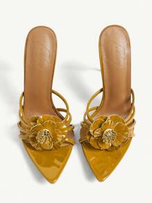 CUCCOO CHICEST 女士高跟尖头凉鞋，金色细高跟11.2厘米性感蝴蝶结夏季礼服婚礼派对情人节镂空凉鞋 - 黃色 - 查看 9