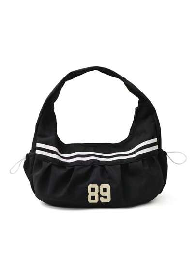 Grunge Punk Bolso grande deportivo y de moda con bordado de letras y números, bolso de hombro, bolso versátil casual con cordón y cremallera y múltiples bolsillos, adecuado para deportes, viajes y compras