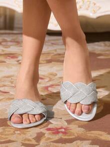 CUCCOO TILAWA Woman Shoes Rhinestone Decor Flat Outdoor Glamorous Silver Plastic Slides For Summer Vacation Shoes Summer Elegant Sandals Back To School Shoes College Student Shoes Spring Shoes Spring Break Easter