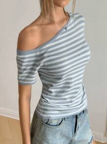 Jouncy Asymmetrical Shoulder Striped Casual Short Sleeve T-Shirt, Women Slim Fit Summer Tops - Grey - View 1