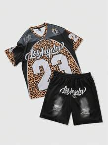 ROMWE MEN Prep 2pcs/Set Men Streetwear Style Patchwork Leopard Print & Numeric English Letter Graphic Tee Shirt Set - Black - View 4