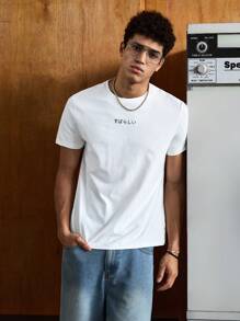 SWAVVY Men Casual Urban Short Sleeve Knitted T-Shirt With Slogan Print, Boxy Tee, Boyfriend Gift, Summer