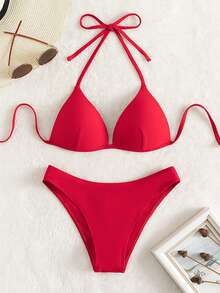 SHEIN Swim 2pcs Women's Summer Beach Solid Color Halter Tie Sexy Bikini Swimsuit Set, Underwired