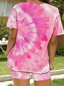 INAWLY Plus Size Women 2 Pieces Set Tie-Dye Print Loose Fit Dropped Shoulder T-Shirt & Shorts Set, Casual Vacation Outfit - Multicolor - View 2