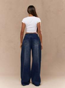 MISSGUIDED 高腰阔腿牛仔裤 Y2K 时尚 90 年代风格复古牛仔裤街头潮流溜冰裤秋冬宽松长款阔腿裤 - 深色水洗藍 - 查看 2