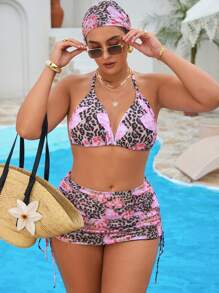 Swim SXY 大码女式三件套随机印花抽绳泳衣套装，带透明裹身裙，度假装