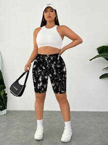 SHEIN Essnce 大码女式休闲全身黑白扎染印花紧身裤，适合春夏季外出穿着，骑行短裤 - 黑與白 - 查看 4