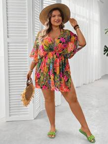 SHEIN CURVE+ Plus Size Women Summer Tropical Floral Print Loose V-Neck Crossed Beach Cover-Up, Swimwear, Casual Vacation Wear, SPF Protection Beach Outfits For Woman/Beach Dress/Beach Vacation Outfits/Beach Essentials / Graduation/Tea Party Dress Summer/Country/Beach Vacation Outfits/Beach Outfits/Beach Wear, Country Concert Outfit - Multicolor - View 6