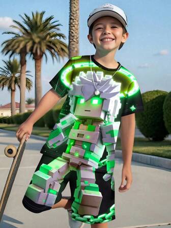 SHEIN 两件套青少年男孩休闲简约短袖圆领服装，适合夏季