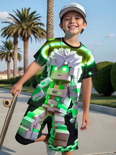 SHEIN 2pcs Set Tween Boy Casual Minimalist Short Sleeve Crew Neck Outfit, Suitable For Summer