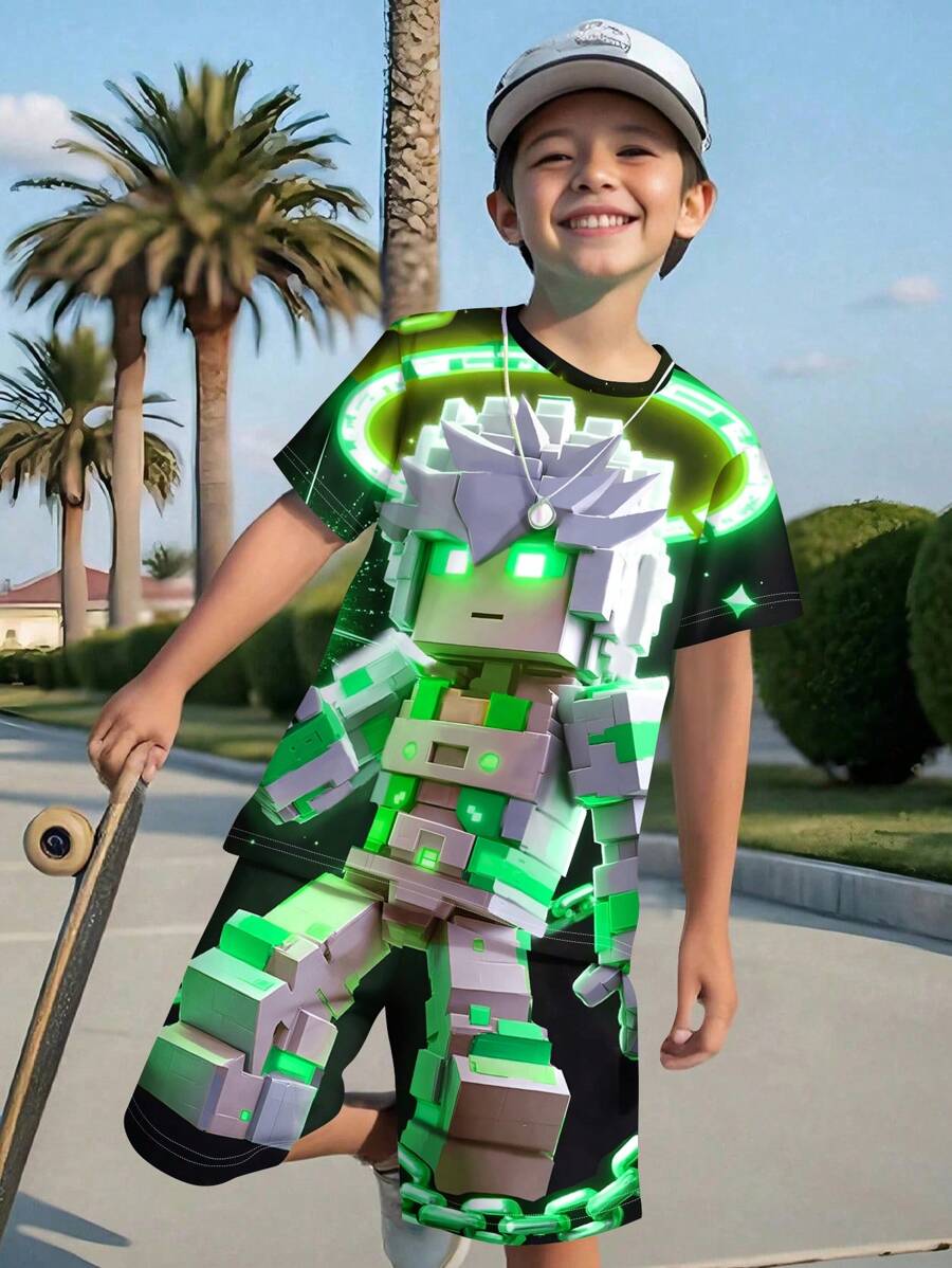 SHEIN Bộ 2 món trang phục cổ tròn tay ngắn giản dị tối giản cho bé trai tuổi teen, phù hợp cho mùa hè - Nhiều màu - Xem 1