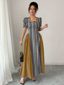 SHEIN Unity 女士矩形领口、侧系带、A 字腰、优雅几何印花泡泡袖连衣裙、阿拉伯风格 - 棕色 - 查看 5