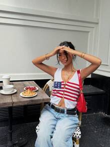 Muchica Damen 4. Juli Sommer V-Ausschnitt ärmellose Strickoberteil mit USA Flaggenmuster, amerikanische Flagge Top