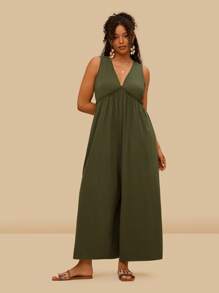 Travachic Mono de tejido elástico y cómodo con cuello en V y bolsillos para mujeres de tallas grandes, mono informal holgado de punto verde del ejército
