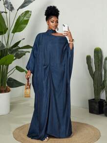 Maweii Plus Size Women Solid Color Elegant Batwing Sleeve Faux Denim Maxi Dress - Blue - View 5