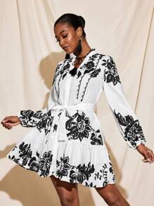 Christian Allana Vestido mini con mangas largas para mujer con estampado floral, cuello en V, cinturón y volantes en el bajo, atuendo para festivales - Multicolor - Ver 4