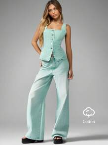 MISSGUIDED 纽扣前开阔腿牛仔裤复古高腰春夏超喇叭牛仔裤弹力舒适 Y2K 时尚潮流下装 - 綠色 - 查看 7