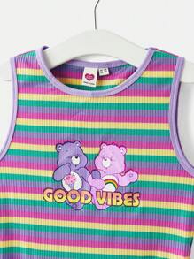 SHEIN X Care Bears Top sin mangas de verano para chica preadolescente con rayas coloridas y diseño de dibujos animados lindos
