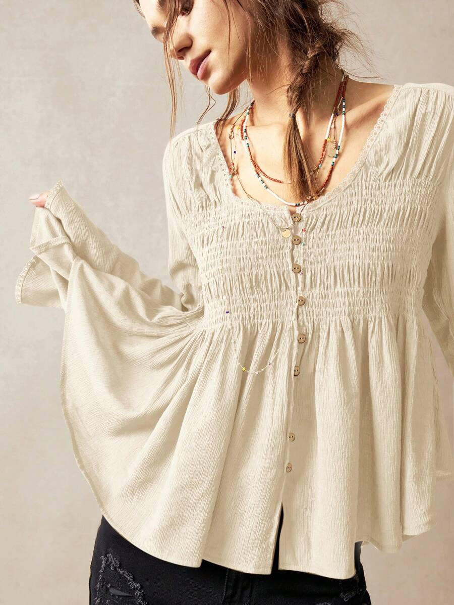 Bohemela 度假休闲纯色 V 领长袖编织女式衬衫