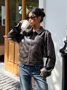 Muchica Women Casual Streetwear Autumn Zipper Placket PU Leather Jacket